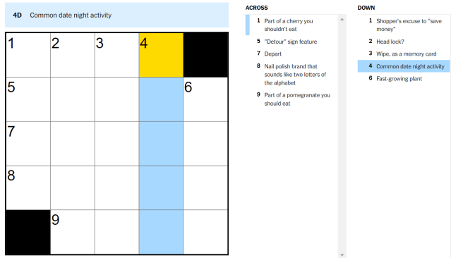 Solve the Common Date Night Activity Clue in NYT Mini Crossword