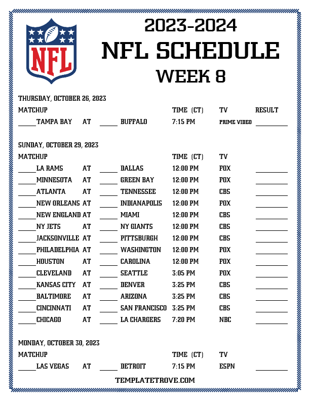 Free Week 8 Printable NFL Schedule: Dont Miss a Single Game!