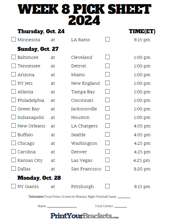 Free Week 8 Printable NFL Schedule: Dont Miss a Single Game!