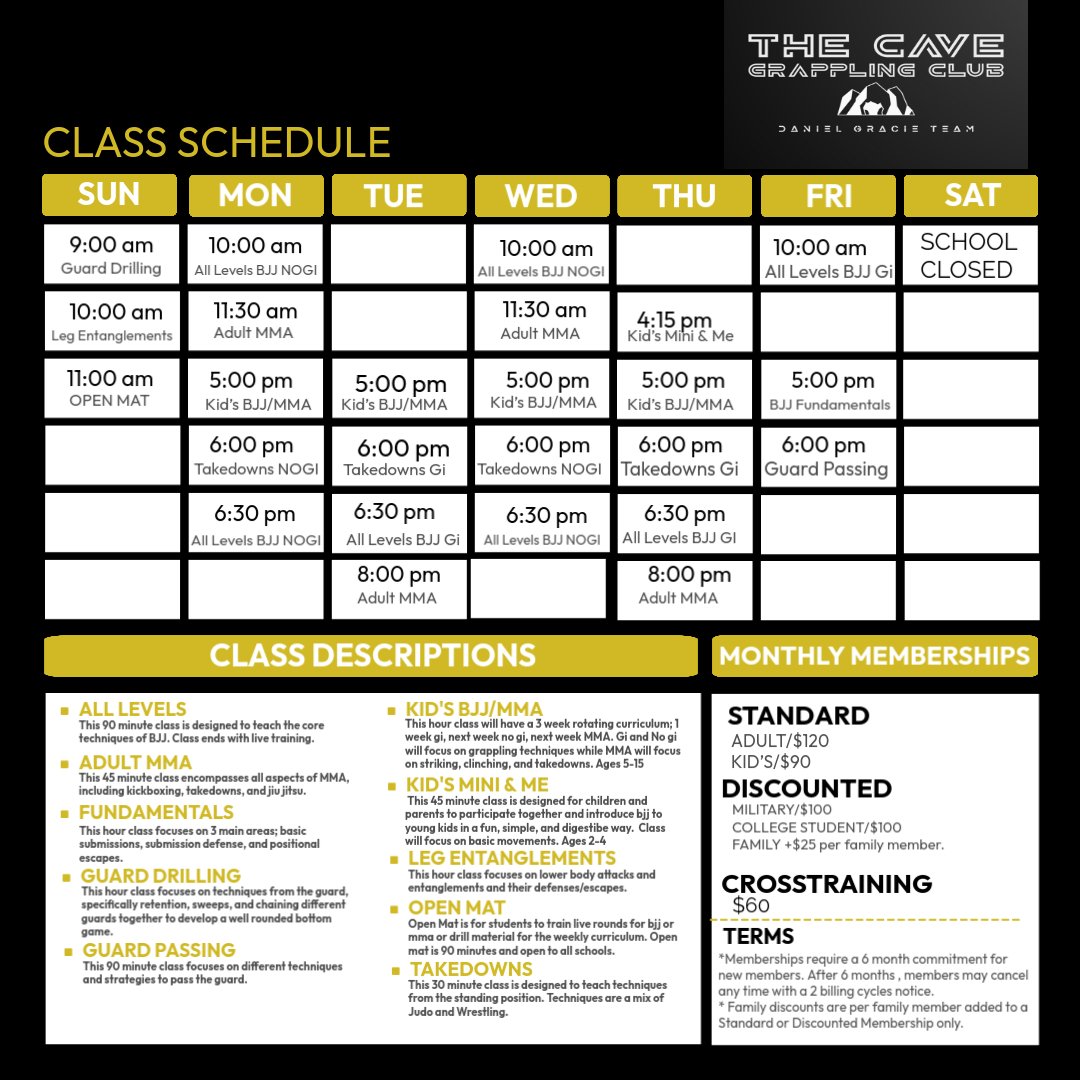 What kind of classes does the cave mma offer? Check out the full schedule for MMA, boxing, BJJ, and fitness training programs.